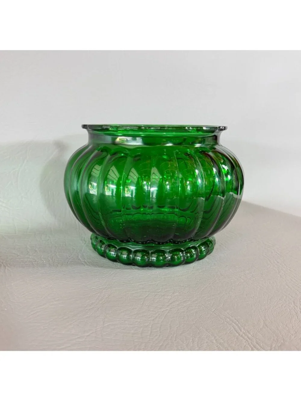 Vintage Forest Green Glass Rose Bowl Ribbed Bulbous Planter Ivy Vase 6